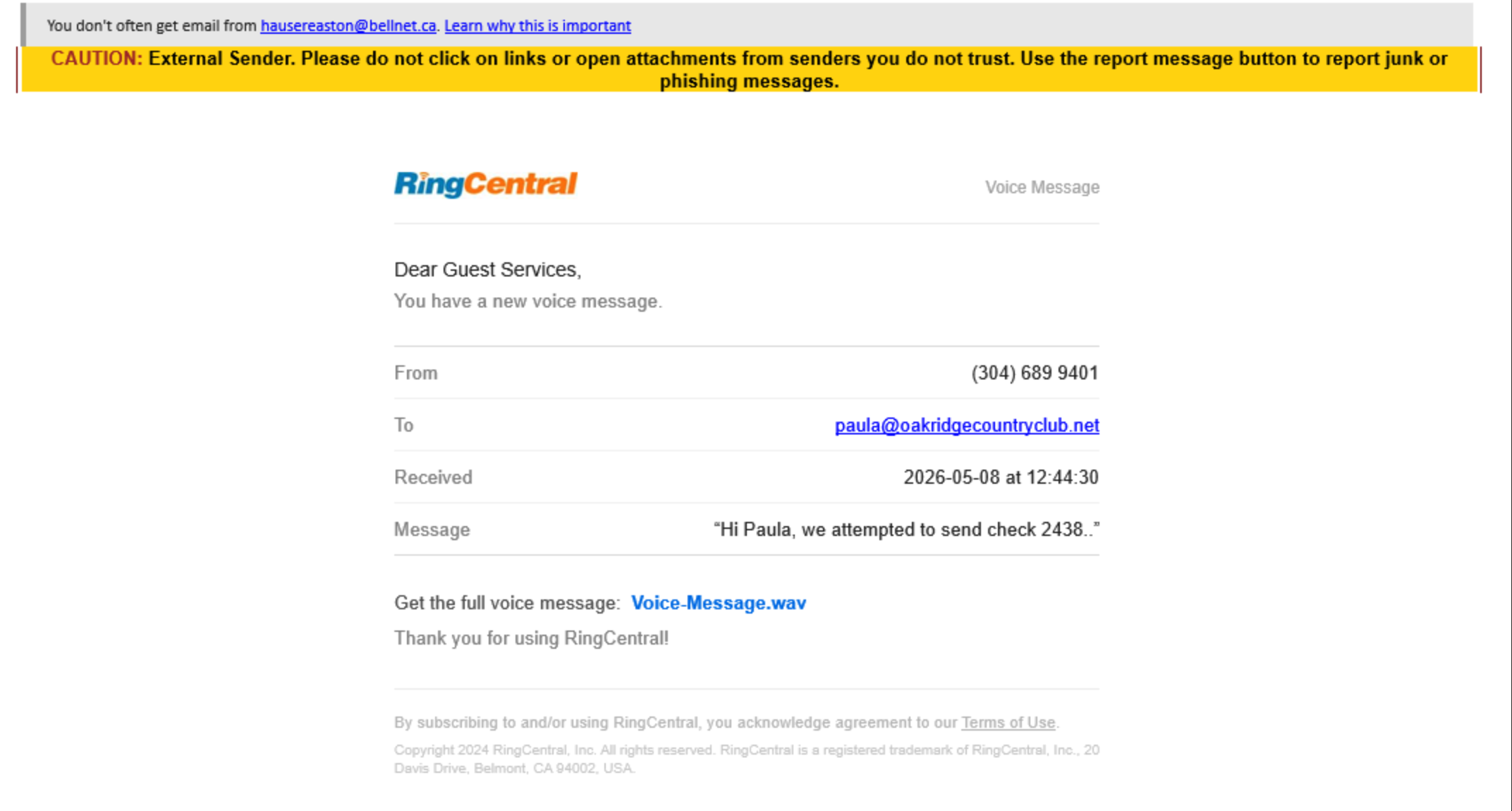 Example of a fake voicemail scam email